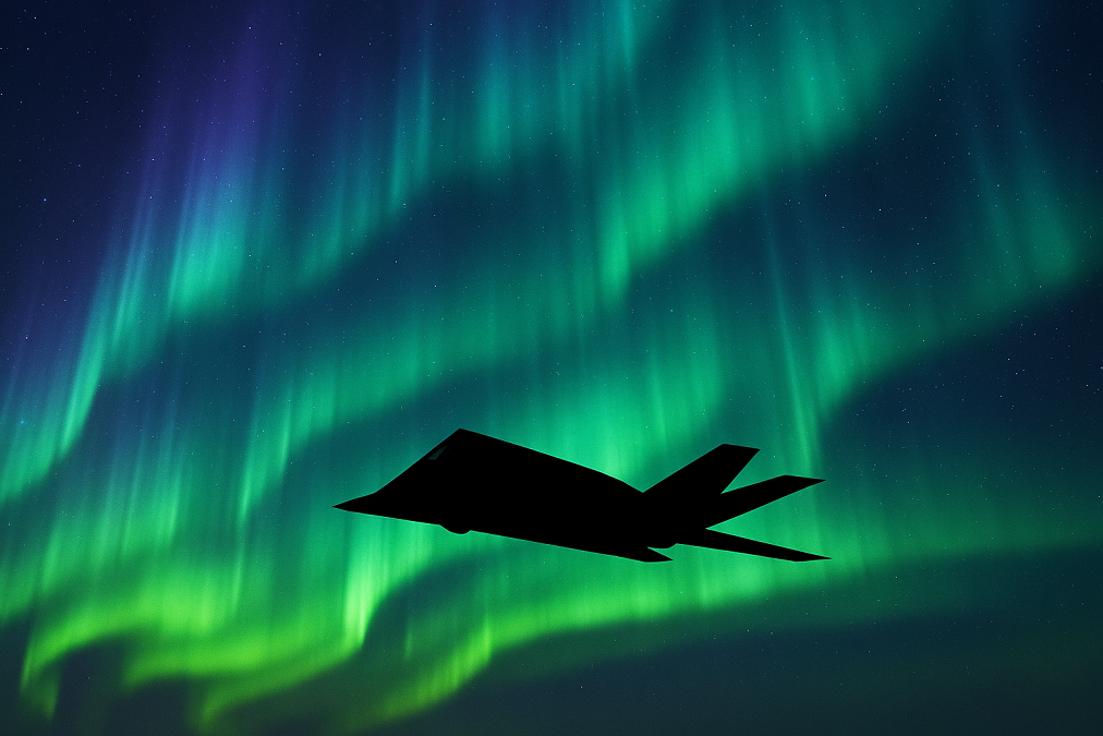 オーロラを背景にしたステルス戦闘機