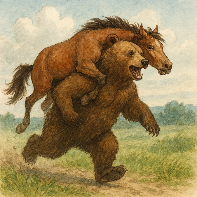 熊が馬を担いで山へ行く