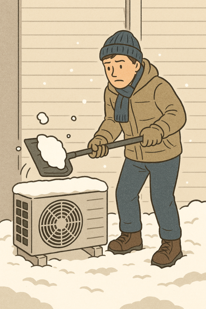 エアコンの室外機の雪かきをする絵
